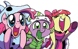 Size: 505x321 | Tagged: safe, artist:brendahickey, edit, idw, apple bloom, pinkie pie, spike, dragon, earth pony, pony, spoiler:comic, spoiler:comicholiday2017, background removed, clothes, hat, nose in the air, scarf, simple background, starry eyes, transparent background, wingding eyes