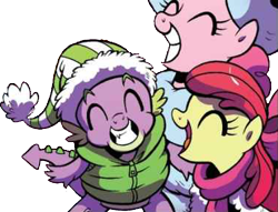 Size: 375x286 | Tagged: safe, artist:brendahickey, edit, idw, apple bloom, pinkie pie, spike, dragon, earth pony, pony, spoiler:comic, spoiler:comicholiday2017, background removed, christmas, clothes, female, grin, hat, holiday, male, santa hat, scarf, shipping, simple background, smiling, spikebloom, straight, transparent background