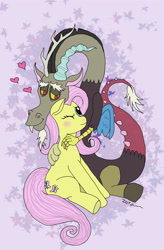 Size: 2160x3297 | Tagged: safe, artist:zuperzora89, discord, fluttershy, draconequus, pegasus, pony, discoshy, female, heart, male, mare, shipping, sitting, smiling, straight, wingless