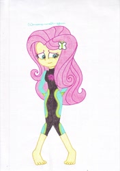 Size: 1600x2275 | Tagged: safe, artist:momo-malt-gern, fluttershy, better together, equestria girls, barefoot, feet, solo, wetsuit