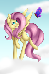 Size: 2000x3000 | Tagged: safe, artist:liamsartworld, fluttershy, butterfly, pegasus, pony, cloud, female, mare, sky, solo