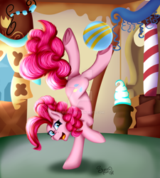 Size: 1024x1138 | Tagged: safe, artist:shamy-crist, pinkie pie, earth pony, pony, ball, female, handstand, mare, solo, sugarcube corner, upside down, watermark