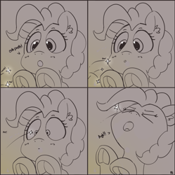 Size: 1280x1284 | Tagged: safe, artist:pabbley, pinkie pie, earth pony, pony, 30 minute art challenge, 4koma, comic, eye scream, female, fireplace, frog (hoof), hoofbutt, injured, lineart, mare, solo, spark, underhoof