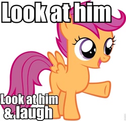 Size: 960x923 | Tagged: safe, scootaloo, image macro, meme, reaction image, roflbot, simple background, solo, vector, white background