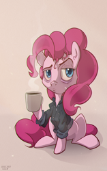 Size: 1024x1629 | Tagged: safe, artist:krecker-cream, pinkie pie, earth pony, pony, bags under eyes, clothes, coffee, dexterous hooves, female, hoodie, mare, sitting, solo