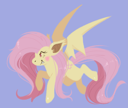 Size: 1315x1107 | Tagged: safe, artist:kipaki, fluttershy, bat pony, pony, bat wings, fangs, female, flutterbat, flying, looking away, mare, messy mane, race swap, red eyes, simple background, smiling, solo, spread wings, wings