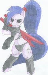 Size: 1024x1586 | Tagged: safe, artist:incredicassio, artist:kloudmutt, oc, oc only, pony, belly button, bipedal, colored pencil drawing, female, mare, midriff, ninja, solo, traditional art