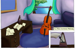 Size: 5100x3300 | Tagged: safe, artist:fox-moonglow, octavia melody, earth pony, pony, comic:octavia's aria, cello, comic, metronome, musical instrument, room, sofa, table, window