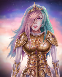 Size: 4000x5000 | Tagged: safe, artist:yomotsuki, princess celestia, human, abstract background, absurd resolution, armor, hair over one eye, humanized, solo, warrior, warrior celestia