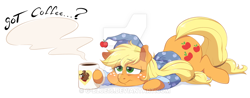 Size: 900x351 | Tagged: safe, artist:g-blue16, part of a set, applejack, winona, earth pony, pony, clothes, coffee, coffee mug, female, frown, hat, hoof hold, lidded eyes, mare, morning ponies, mug, nightcap, pajamas, prone, simple background, solo, tired, watermark, white background