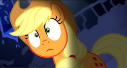 Size: 1360x730 | Tagged: safe, screencap, applejack, earth pony, pony, castle mane-ia, shrunken pupils, solo, wide eyes