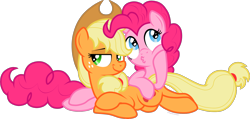 Size: 2106x1000 | Tagged: safe, artist:storfulsten, applejack, pinkie pie, earth pony, pony, applepie, duckface, female, lesbian, prone, shipping, simple background, transparent background