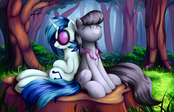 Size: 5100x3300 | Tagged: safe, artist:grennadder, dj pon-3, octavia melody, vinyl scratch, earth pony, pony, backwards cutie mark, butts on tree stumps, eyes closed, forest, smiling, tree stump