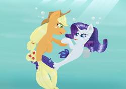 Size: 1220x859 | Tagged: safe, artist:eulicious, applejack, rarity, seapony (g4), my little pony: the movie, female, holding hooves, lesbian, looking at each other, rarijack, seaponified, seapony applejack, seapony rarity, shipping, species swap, underwater, water