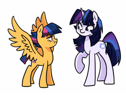 Size: 4000x3000 | Tagged: safe, artist:kianamai, oc, oc only, oc:starburst, oc:stella nova, eye contact, interdimensional siblings, kilalaverse, next generation, offspring, parent:flash sentry, parent:twilight sparkle, parents:flashlight, raised hoof, scrunchy face, simple background, smiling, spread wings, white background