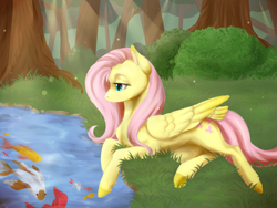 Size: 1600x1200 | Tagged: safe, artist:nightirisart, fluttershy, fish, pegasus, pony, crepuscular rays, female, folded wings, forest, grass, looking at something, looking down, mare, pond, profile, prone, solo, swimming, tail feathers, tree, water