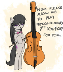 Size: 800x900 | Tagged: safe, artist:hewhoerasesmost, octavia melody, earth pony, pony, bipedal, cello, dialogue, musical instrument, pun, solo