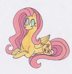 Size: 1188x1208 | Tagged: safe, artist:draw1709, fluttershy, pegasus, pony, prone, solo, traditional art