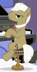 Size: 215x424 | Tagged: safe, screencap, frederic horseshoepin, octavia melody, earth pony, pony, the best night ever, background pony, male, musical instrument, piano, sitting, stallion, unamused