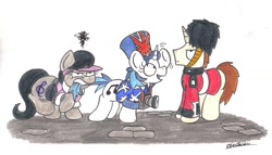 Size: 2413x1380 | Tagged: safe, artist:bobthedalek, dj pon-3, octavia melody, vinyl scratch, oc, earth pony, pony, unicorn, annoyed, backwards cutie mark, camera, clothes, female, guard, hat, male, shirt, tail bite, top hat, tourist, union jack, waving