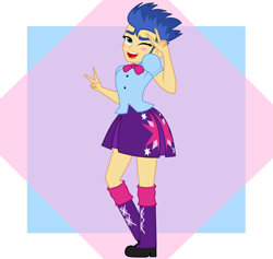 Size: 1900x1800 | Tagged: dead source, safe, artist:mashoart, flash sentry, twilight sparkle, equestria girls, blushing, clothes swap, crossdressing, flashlight, girly sentry, implied twilight sparkle, makeup, male, one eye closed, peace sign, solo, transgender pride flag, twink, wink