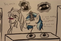 Size: 4355x2906 | Tagged: safe, artist:eeveegirl, dj pon-3, vinyl scratch, oc, pony, unicorn, record, traditional art, turntable