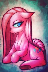 Size: 865x1280 | Tagged: safe, artist:remyroez, pinkie pie, earth pony, pony, abstract background, female, floppy ears, mare, pinkamena diane pie, pixiv, profile, prone, sitting, solo