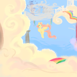 Size: 2000x2000 | Tagged: safe, artist:rinhedeaki, fluttershy, pegasus, pony, cloud, cloud city, cloudsdale, female, flying, looking at you, mare, rainbow, solo, spread wings, windswept mane, wings