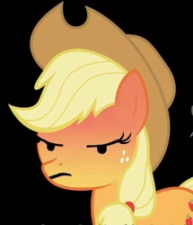 Size: 651x756 | Tagged: safe, artist:dharthez, edit, editor:anonymous, applejack, earth pony, pony, angry, black background, cowboy hat, emoji, frown, hat, lidded eyes, simple background, solo, stetson