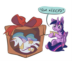 Size: 1200x1008 | Tagged: safe, artist:leavingcrow, princess celestia, twilight sparkle, twilight sparkle (alicorn), alicorn, pony, unicorn, box, cutaway, female, mare, plushie, present, simple background, solo, twilight day, white background