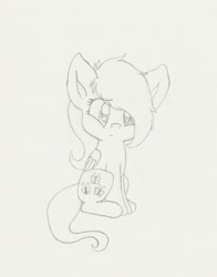 Size: 1479x1887 | Tagged: safe, artist:kittyshy, fluttershy, pegasus, pony, female, filly, filly fluttershy, folded wings, monochrome, pencil drawing, sitting, solo, traditional art, younger