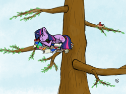 Size: 3087x2292 | Tagged: safe, artist:123turtleshell, derpibooru import, twilight sparkle, twilight sparkle (alicorn), alicorn, bird, pony, behaving like a bird, book, book nest, female, mare, nest, princess sleeping on books, sleeping, that pony sure does love books, tree