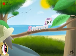 Size: 1500x1100 | Tagged: safe, artist:bugplayer, daring do, sweetie belle, caterpillar, centipony, hybrid, pegasus, pony, :t, camera, camera shot, duo, eating, female, leaf, mare, sweetiepede, sweetiepillar, tree branch, wat