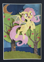 Size: 459x640 | Tagged: safe, artist:sparkynekomi, fluttershy, bat pony, pony, apple, apple tree, bat wings, craft, crescent moon, cutie mark, fangs, female, flutterbat, flying, food, irl, moon, open mouth, papercraft, photo, race swap, shadowbox, solo, transparent moon, tree, wings