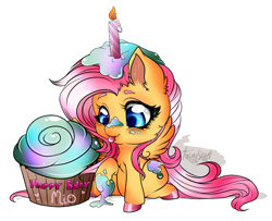 Size: 1040x844 | Tagged: safe, artist:tawnysweet, fluttershy, pegasus, pony, birthday, candle, chibi, colored hooves, cupcake, cute, cute little fangs, fangs, female, food, frosting, raised hoof, shyabetes, simple background, smiling, solo, tongue out, white background