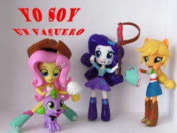 Size: 1097x823 | Tagged: safe, artist:whatthehell!?, applejack, fluttershy, rarity, spike, equestria girls, alcohol, beer, bottomless, clothes, cowboy hat, denim skirt, doll, equestria girls minis, guitar, hat, irl, partial nudity, photo, skirt, spanish, stetson, tanktop, toy, translated in the comments, wardrobe malfunction