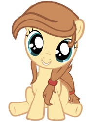 Size: 424x567 | Tagged: safe, artist:avisola, oc, oc only, oc:cream heart, earth pony, pony, cute, female, filly, foal, grin, hooves, looking at you, simple background, sitting, smiling, solo, teeth, text, white background, younger