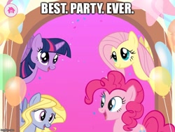 Size: 666x500 | Tagged: safe, derpibooru import, fluttershy, lily blossom, pinkie pie, twilight sparkle, twilight sparkle (alicorn), alicorn, earth pony, pegasus, pony, app, caption, female, friendship celebration, game, image macro, mare, meme, one of these things is not like the others, party