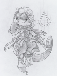 Size: 749x1000 | Tagged: safe, artist:dfectivedvice, octavia melody, earth pony, pony, assassin's creed, bipedal, cosplay, grayscale, monochrome, traditional art