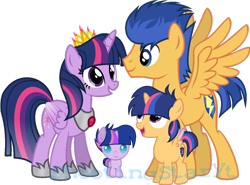 Size: 1024x758 | Tagged: safe, artist:shootingstaryt, flash sentry, twilight sparkle, twilight sparkle (alicorn), oc, oc:night shine sparkle, oc:starlight sparkle, alicorn, pegasus, pony, unicorn, baby, baby pony, base used, crown, family, female, filly, flashlight, jewelry, male, mare, multicolored hair, multicolored mane, multicolored tail, next generation, offspring, parent:flash sentry, parent:twilight sparkle, parents:flashlight, regalia, shipping, simple background, stallion, straight, transparent background, watermark