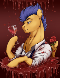 Size: 1000x1300 | Tagged: safe, artist:rossignolet, flash sentry, pegasus, pony, alcohol, clothes, cup, flower, glass, hoof hold, male, piercing, ring, rose, solo, wine