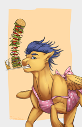 Size: 900x1400 | Tagged: safe, artist:rossignolet, flash sentry, pegasus, pony, beverage, bun (food), burger, cheese, clothes, flash hunktry, food, glass, hamburger bun, lettuce, male, mouth hold, onion, solo, straw, tomato, tray