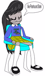 Size: 1888x3222 | Tagged: safe, octavia melody, equestria girls, black hair, chair, clothes, darla sherman, dialogue, eyes closed, female, finding nemo, gray skin, shoes, simple background, sitting, smiling, solo, speech bubble, stockings, white background