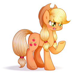 Size: 925x923 | Tagged: safe, artist:pony-ellie-stuart, applejack, earth pony, pony, blushing, raised hoof, simple background, solo, transparent background