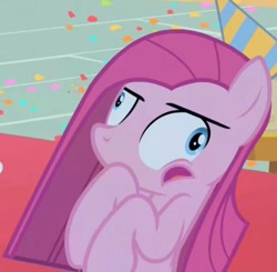 Size: 567x556 | Tagged: safe, screencap, pinkie pie, earth pony, pony, party of one, season 1, cropped, derp, faic, insanity, pinkamena diane pie, solo