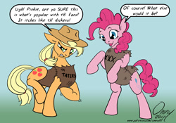 Size: 800x561 | Tagged: safe, artist:omny87, applejack, pinkie pie, earth pony, pony, clothes, cowboy hat, dialogue, hat, open mouth, rearing, sack, signature, speech bubble, stetson