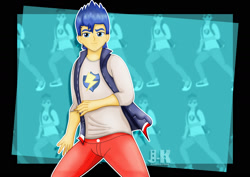 Size: 1600x1131 | Tagged: safe, artist:jotakaanimation, flash sentry, equestria girls, clothes, looking at you, male, pants, smiling, solo, vest