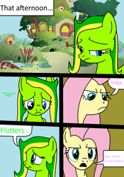 Size: 1260x1800 | Tagged: safe, artist:didgereethebrony, fluttershy, oc, oc:boomerang beauty, oc:didgeree, pegasus, pony, comic:a different type of testing, boomeree, comic, fluttershy's cottage, male to female, rule 63, trace, transformation, transgender transformation