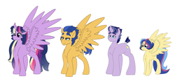 Size: 6002x2800 | Tagged: safe, artist:marukouhai, flash sentry, twilight sparkle, twilight sparkle (alicorn), oc, oc:ceres, oc:honeydew feather, alicorn, pegasus, pony, unicorn, female, flashlight, high res, male, mare, offspring, parent:flash sentry, parent:twilight sparkle, parents:flashlight, shipping, simple background, stallion, straight, white background