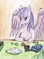 Size: 2378x3173 | Tagged: safe, artist:40kponyguy, derpibooru exclusive, derpibooru import, twilight sparkle, twilight sparkle (alicorn), alicorn, pony, bolter, dice, female, mare, metal bawkses, rhino tank, space marine, traditional art, ultramarine, warhammer (game), warhammer 40k